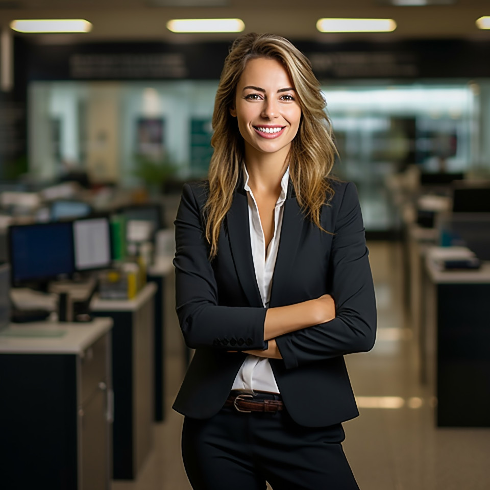 Friendly smiling woman bank manager at work