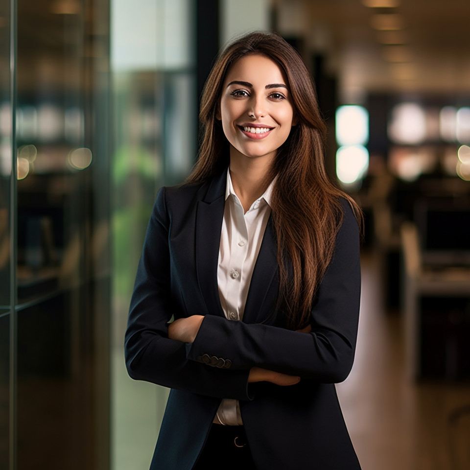 Friendly female bank hr manager smiling at work