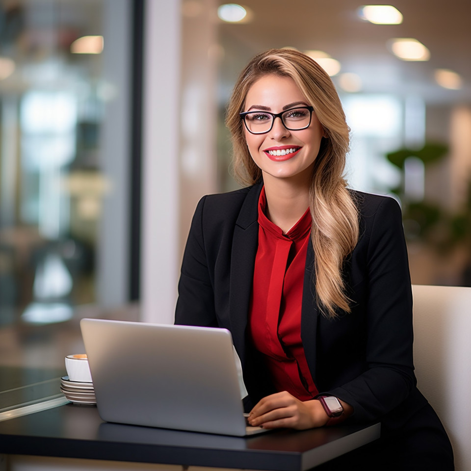 Friendly female bank hr manager smiling at work