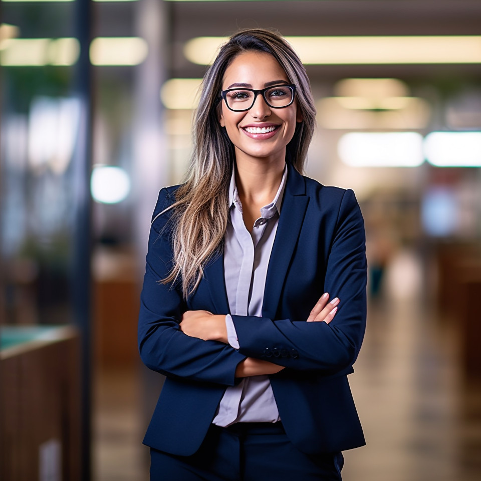 Friendly female bank hr manager smiling at work