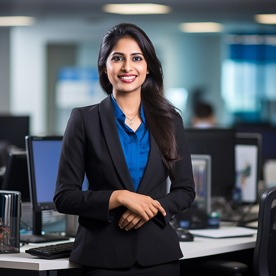 Friendly smiling beautiful indian woman banking and finance hr manager at work on blured background