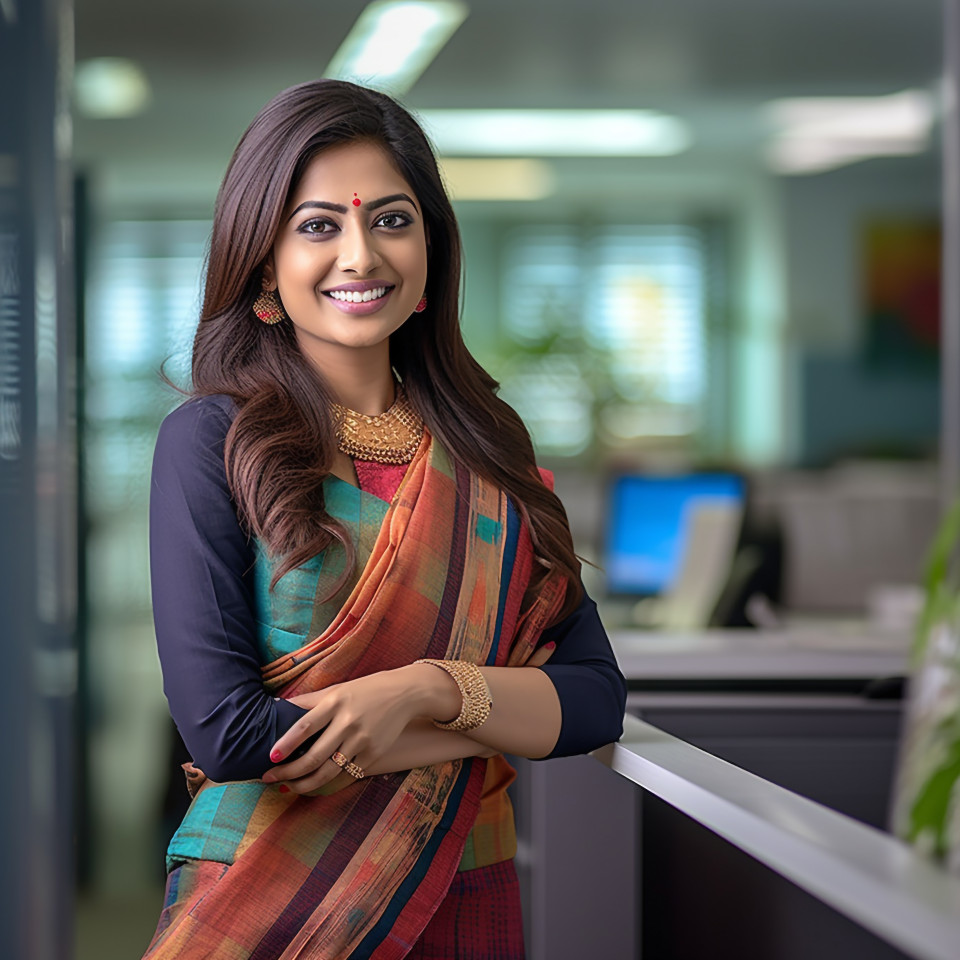 Friendly smiling beautiful indian woman banking and finance hr manager at work on blured background