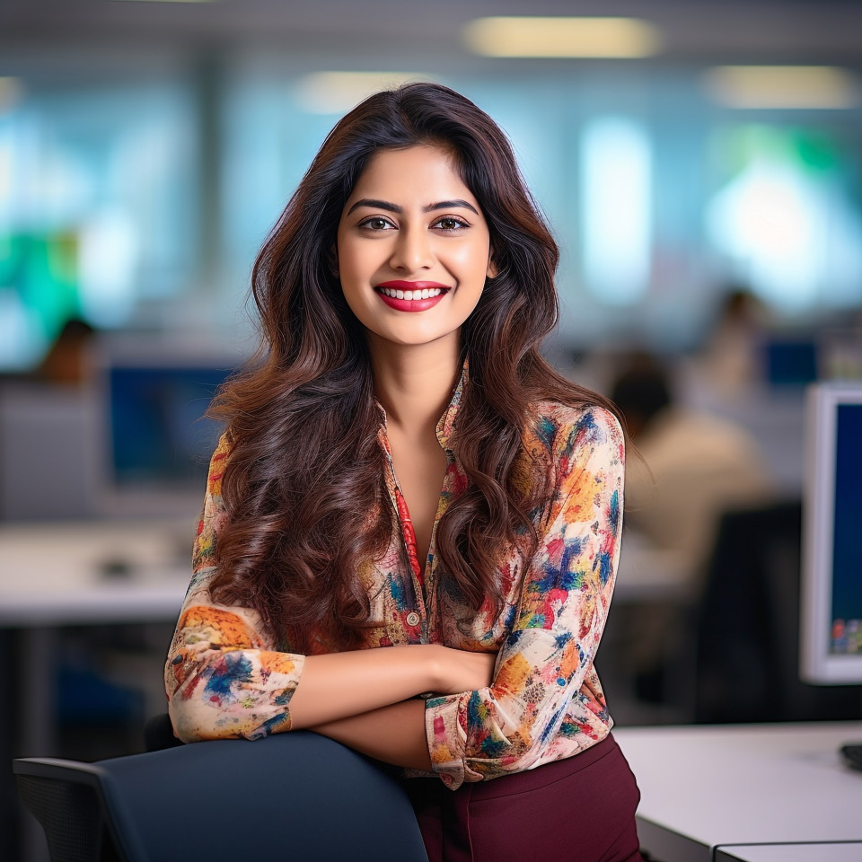 Friendly smiling beautiful indian woman banking and finance hr manager at work on blured background