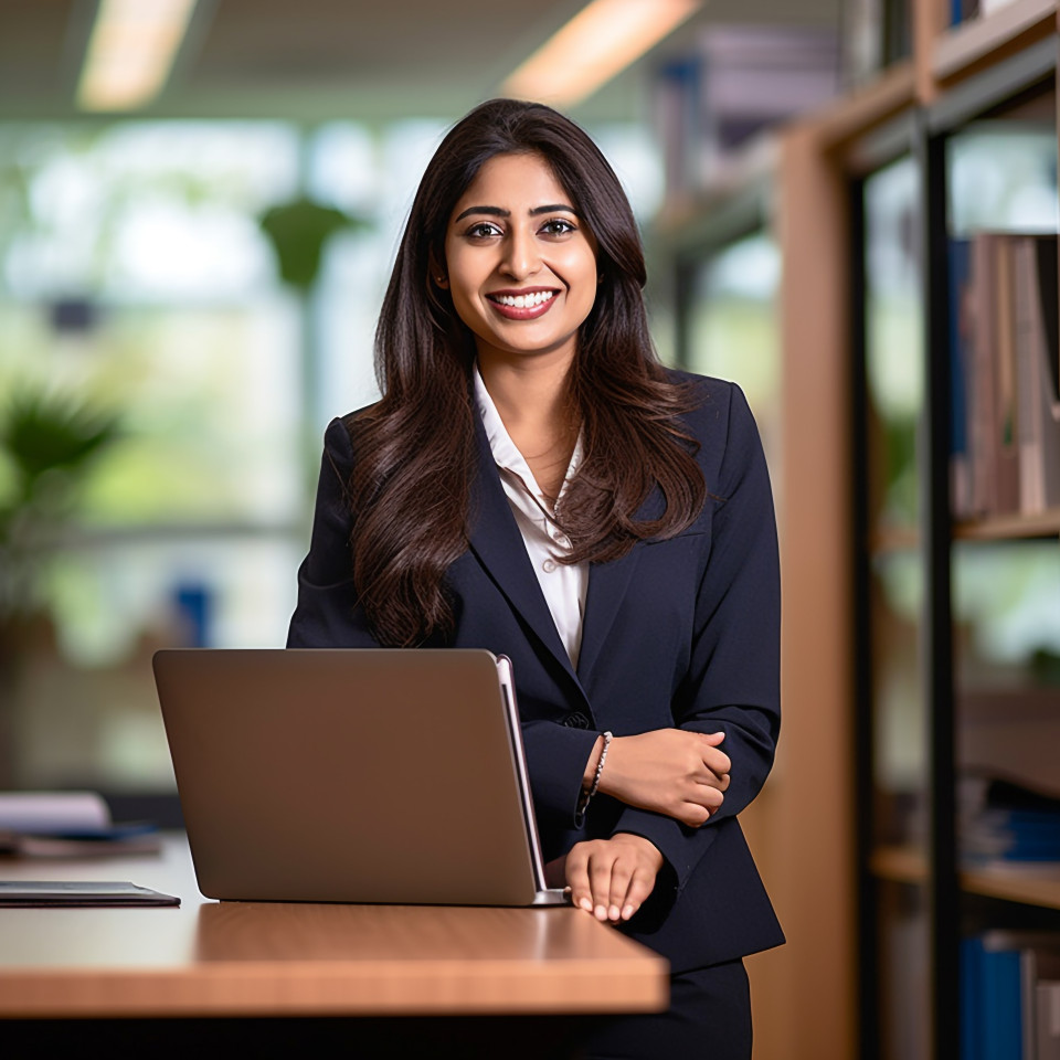 Friendly smiling beautiful indian woman banking and finance hr manager at work on blured background