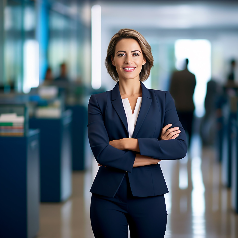 Friendly smiling beautiful woman banking and finance chief operating officer at work on blured background