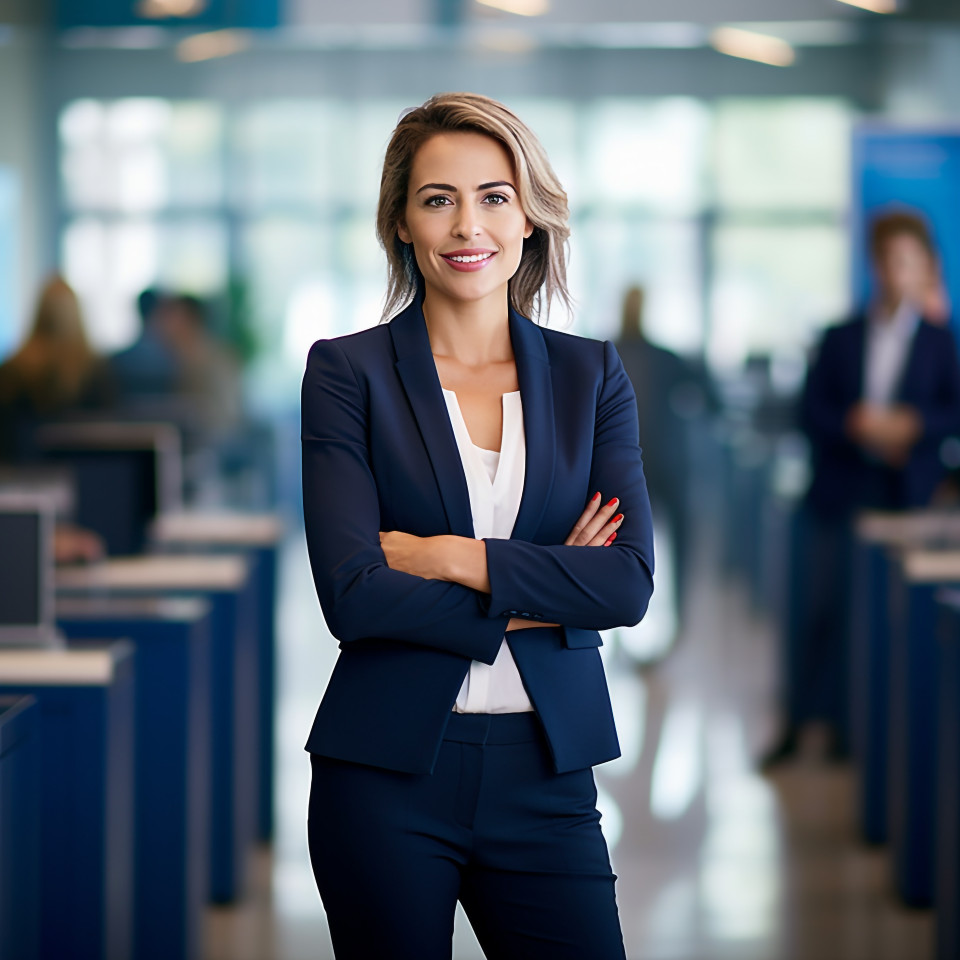 Friendly smiling beautiful woman banking and finance chief operating officer at work on blured background