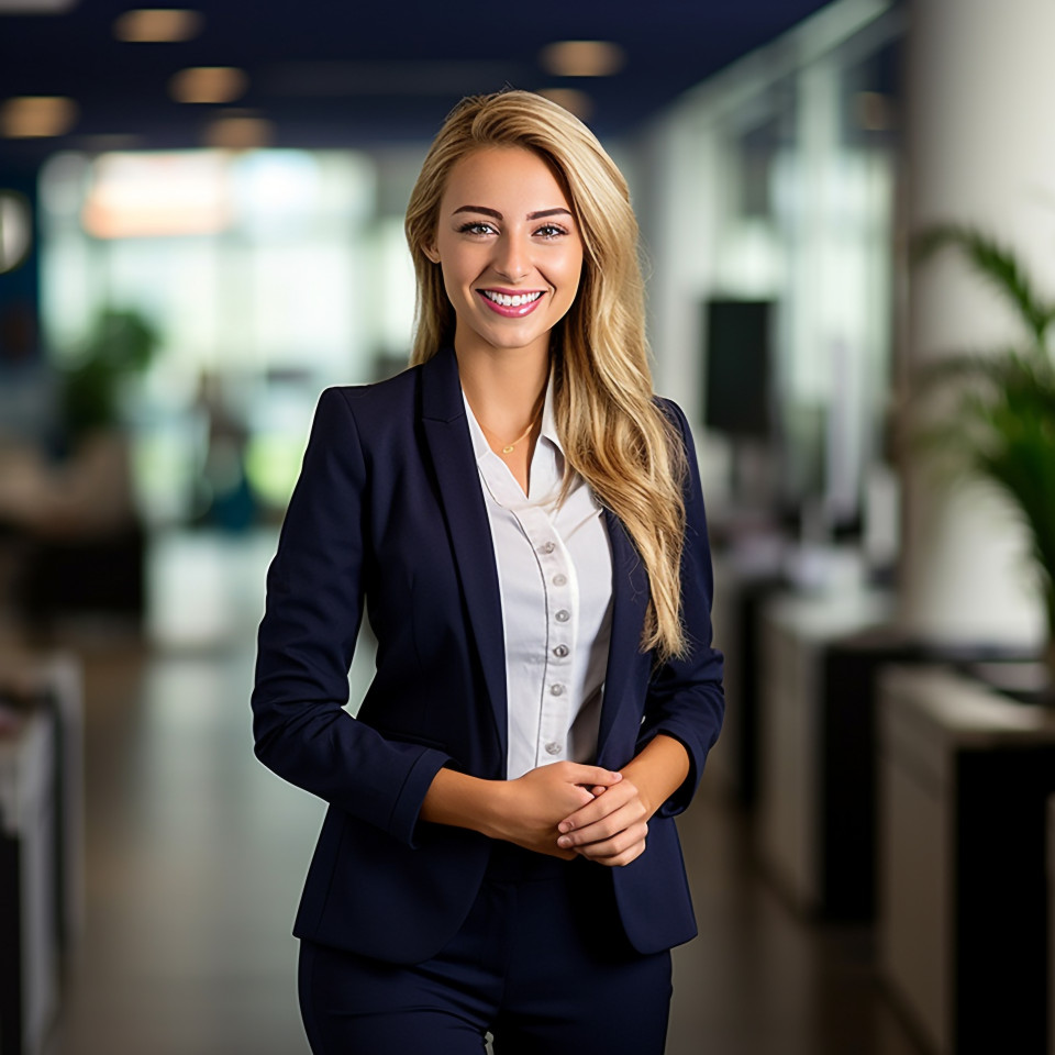 Friendly smiling beautiful woman banking and finance marketing manager at work on blured background