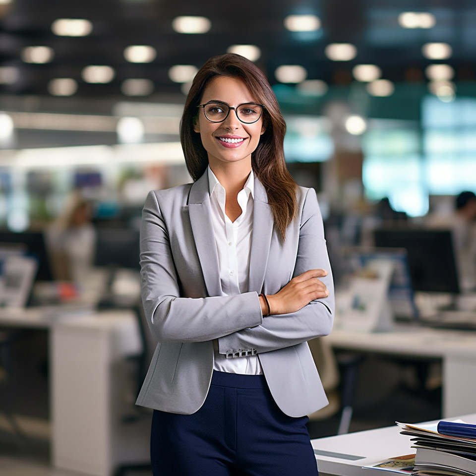 Friendly smiling beautiful woman banking and finance marketing manager at work on blured background