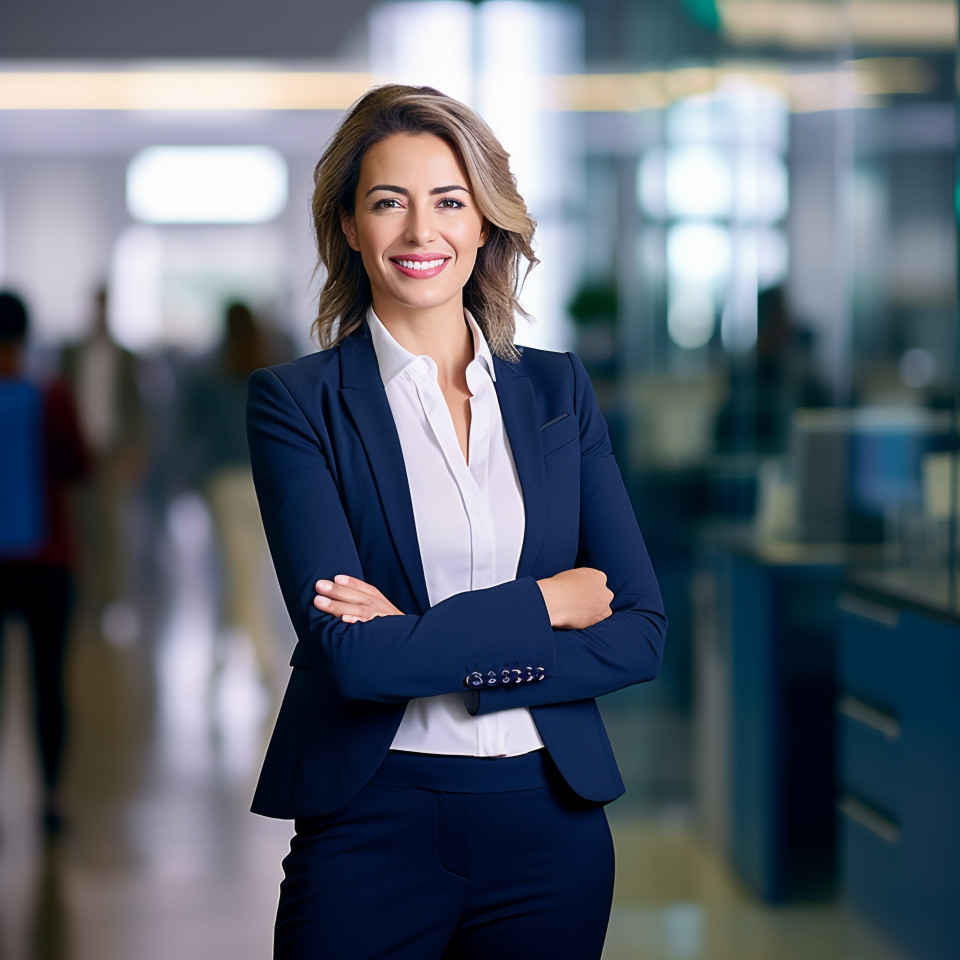 Friendly smiling beautiful woman banking and finance chief operating officer at work on blured background