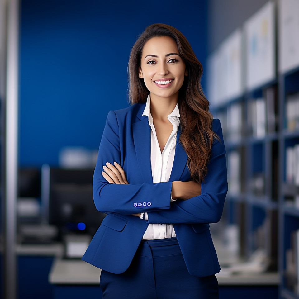 Friendly smiling beautiful woman banking and finance marketing manager at work on blured background