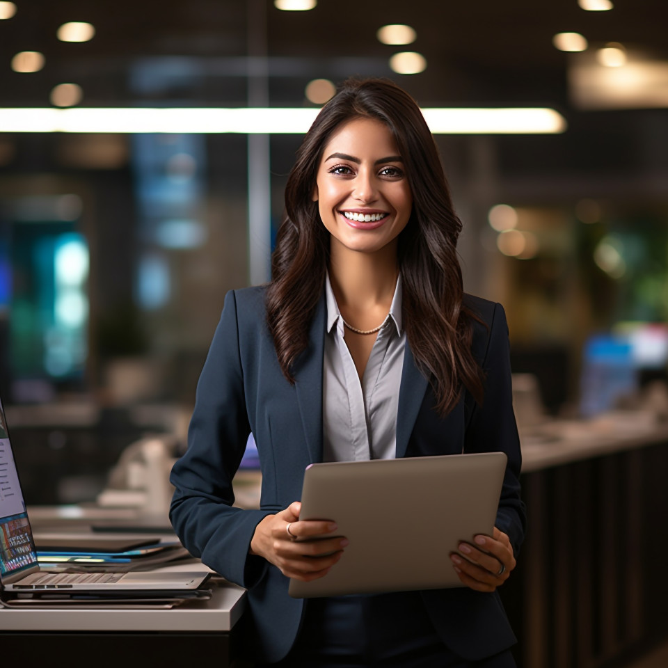 Friendly smiling beautiful woman banking and finance chief risk officer at work on blured background