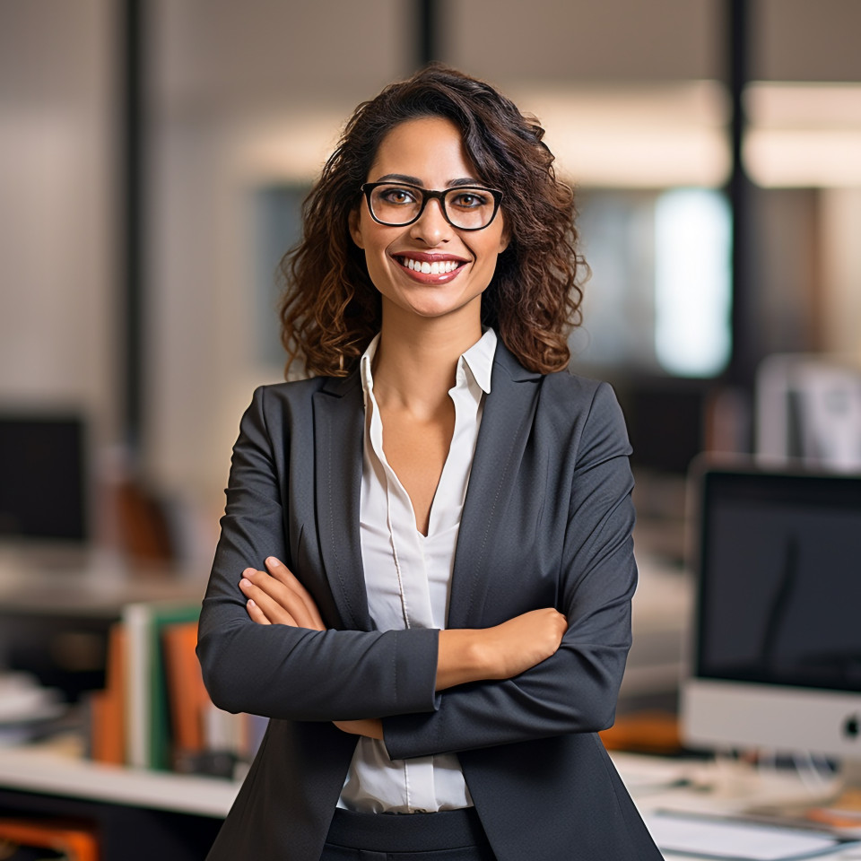 Friendly smiling beautiful woman banking and finance chief risk officer at work on blured background