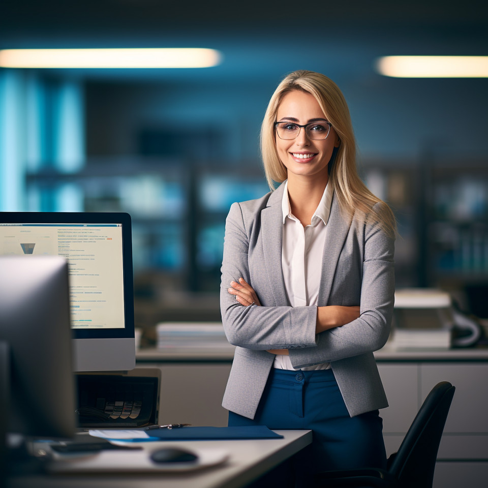 Friendly smiling beautiful woman banking and finance chief financial officer at work on blured background
