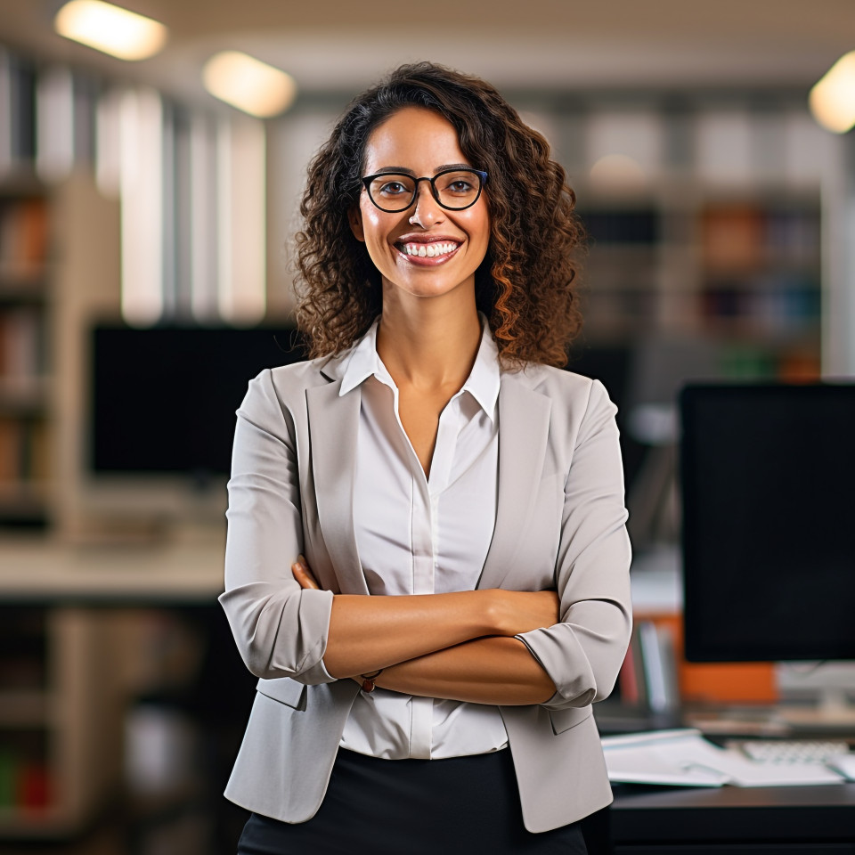 Friendly smiling beautiful woman banking and finance chief risk officer at work on blured background