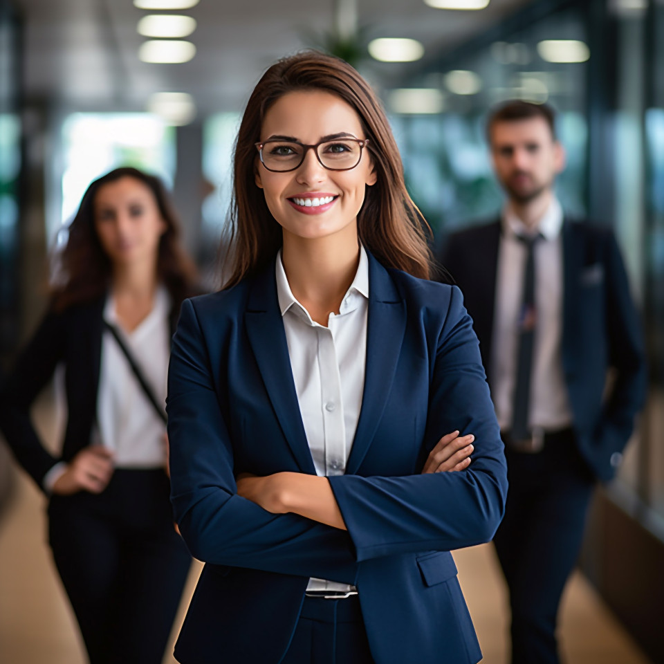 Friendly smiling beautiful woman banking and finance chief financial officer at work on blured background