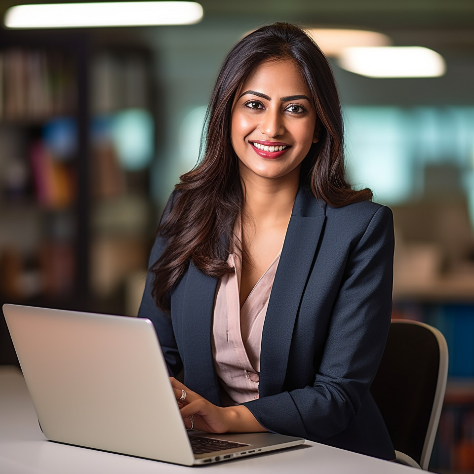 Friendly smiling beautiful indian woman banking and finance chief risk officer at work on blured background