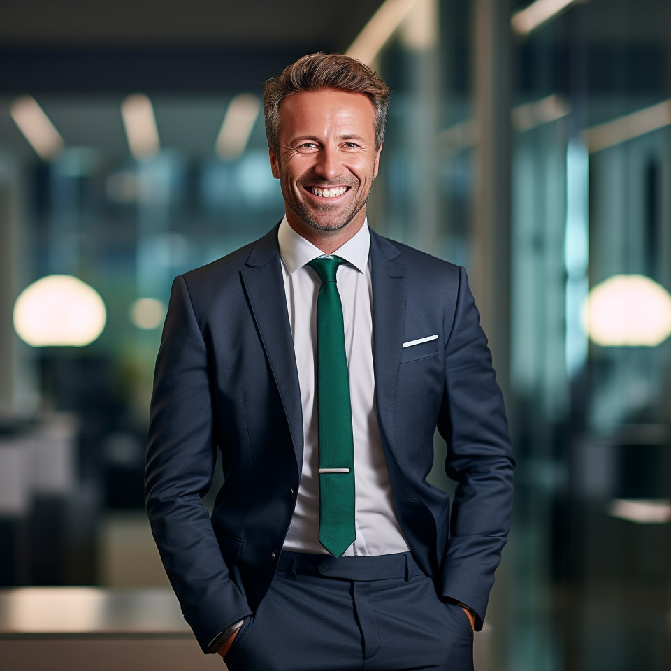 Friendly smiling handsome man banking and finance chief investment officer at work on blured background