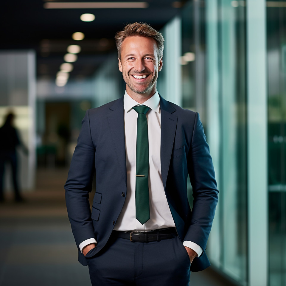 Friendly smiling handsome man banking and finance chief investment officer at work on blured background