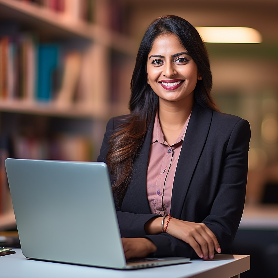 Friendly smiling beautiful indian woman banking and finance chief risk officer at work on blured background