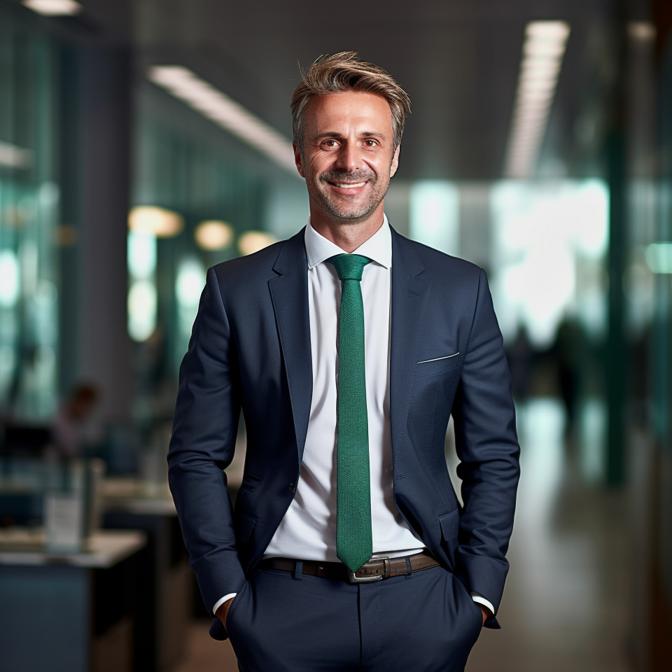 Friendly smiling handsome man banking and finance chief investment officer at work on blured background