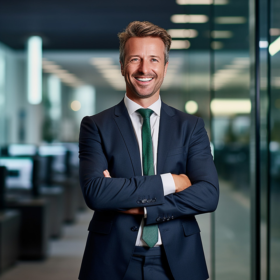 Friendly smiling handsome man banking and finance chief investment officer at work on blured background