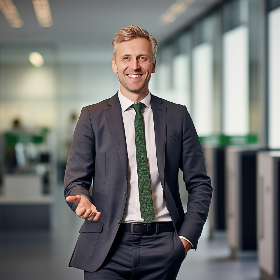 Friendly smiling handsome man banking and finance hr manager at work on blured background