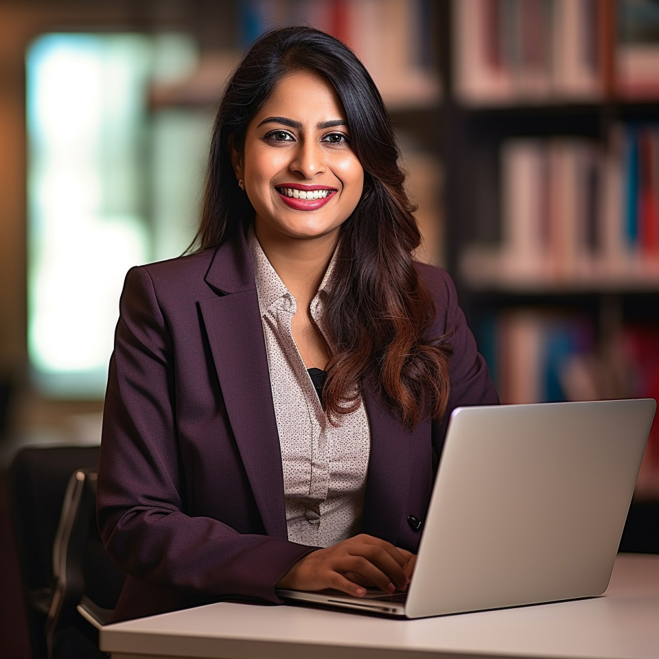 Friendly smiling beautiful indian woman banking and finance chief risk officer at work on blured background