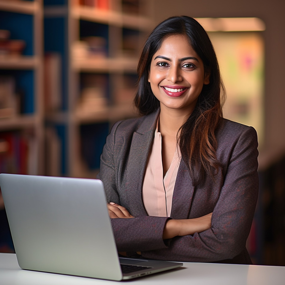 Friendly smiling beautiful indian woman banking and finance chief risk officer at work on blured background