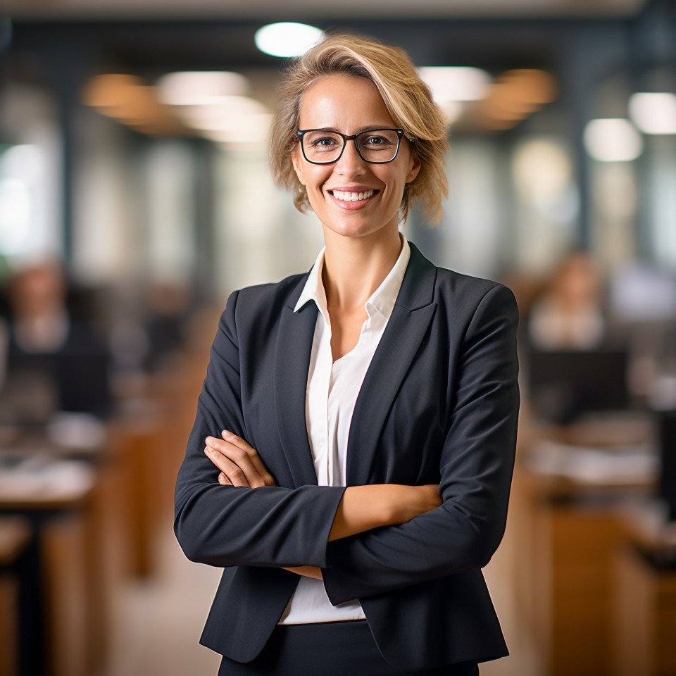 Friendly smiling beautiful woman banking and finance chief investment officer at work on blured background