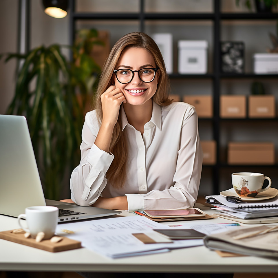 Friendly smiling beautiful woman banking and finance tax specialist at work on blured background