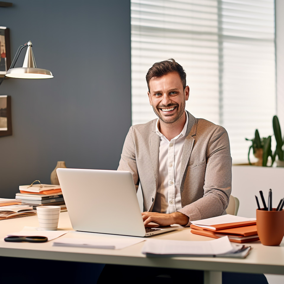 Friendly smiling handsome man banking and finance tax specialist at work on blured background