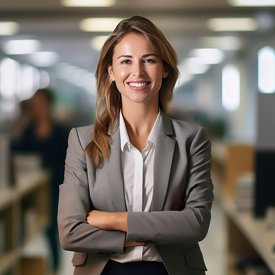 Friendly smiling beautiful woman banking and finance chief investment officer at work on blured background