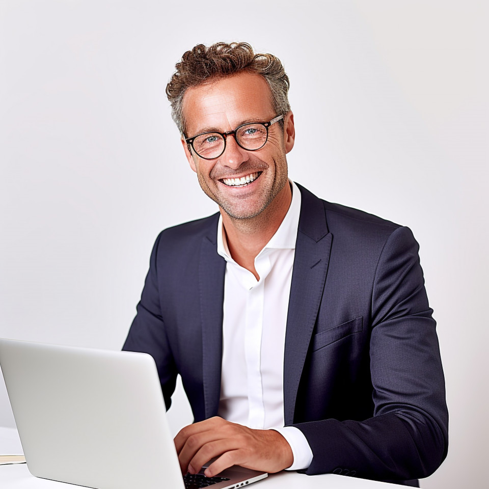 Friendly smiling handsome man banking and finance fund manager at work on blured background