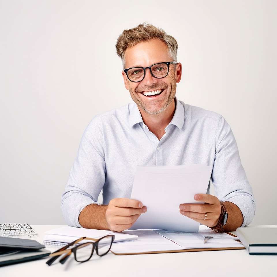 Friendly smiling handsome man banking and finance accountant at work on blured background