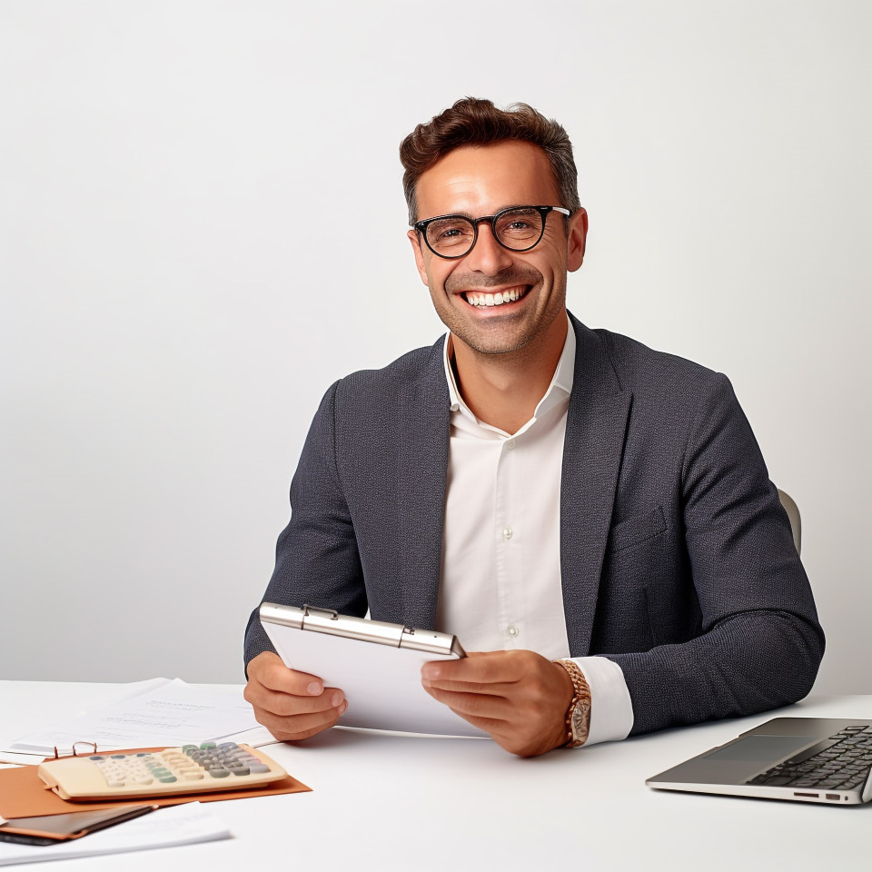 Friendly smiling handsome man banking and finance accountant at work on blured background