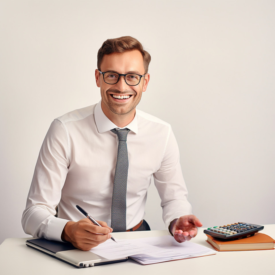 Friendly smiling handsome man banking and finance accountant at work on blured background
