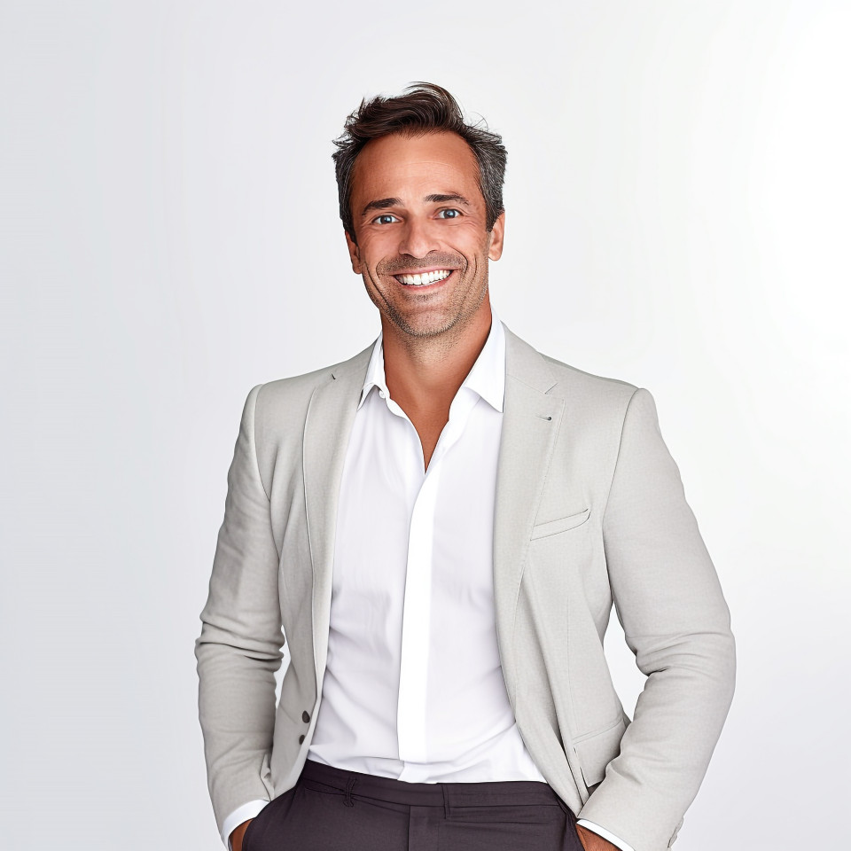 Friendly smiling handsome man banking and finance recruiter at work on blured background