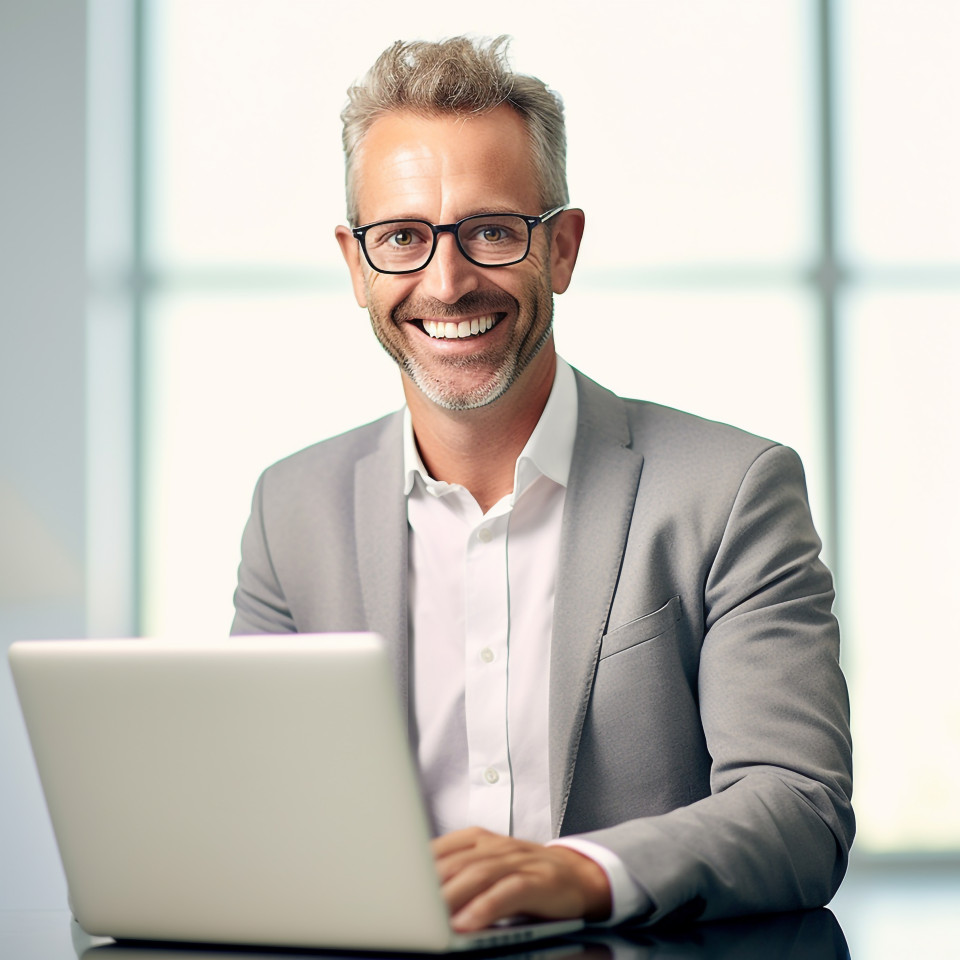 Friendly smiling handsome man banking and finance cybersecurity expert at work on blured background