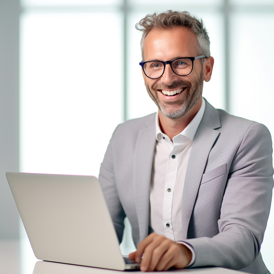 Friendly smiling handsome man banking and finance cybersecurity expert at work on blured background