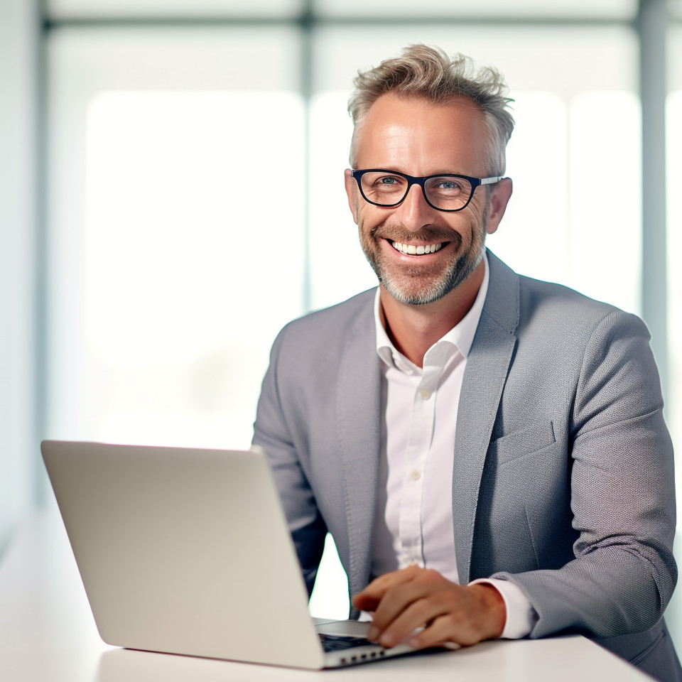 Friendly smiling handsome man banking and finance cybersecurity expert at work on blured background