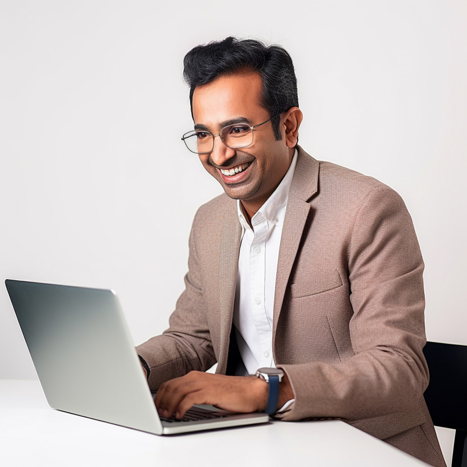Friendly smiling handsome indian man banking and finance cybersecurity expert at work on blured background