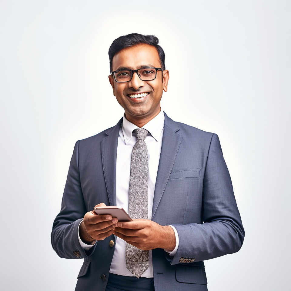 Friendly smiling handsome indian man banking and finance marketing manager at work on blured background