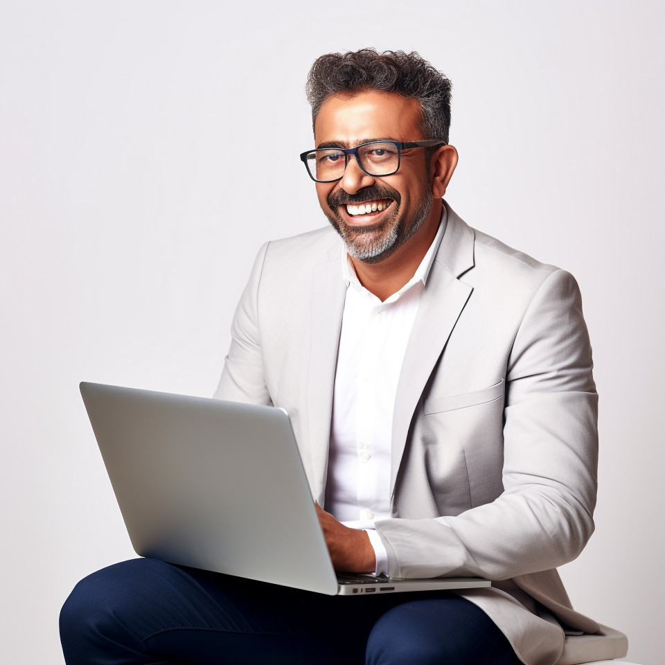 Friendly smiling handsome indian man banking and finance cybersecurity expert at work on blured background
