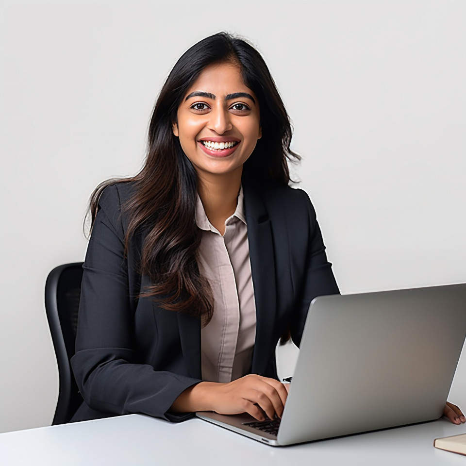 Friendly smiling beautiful indian woman banking and finance client relationship manager at work on blured background