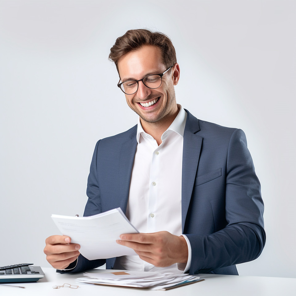 Friendly smiling handsome man banking and finance financial controller at work on blured background