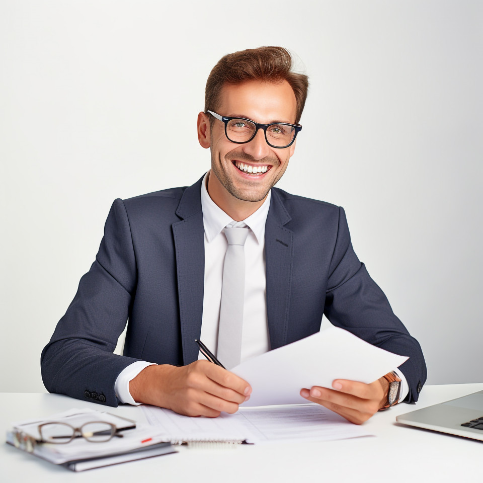 Friendly smiling handsome man banking and finance financial controller at work on blured background