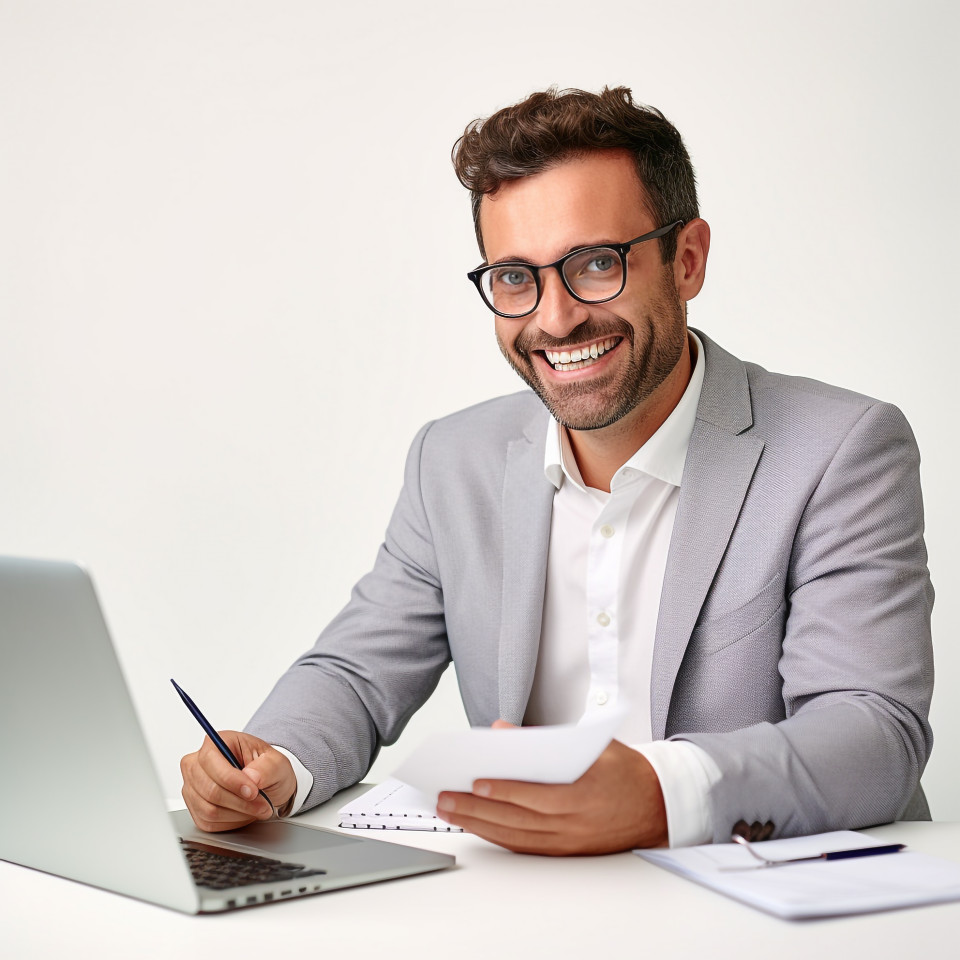 Friendly smiling handsome man banking and finance financial controller at work on blured background