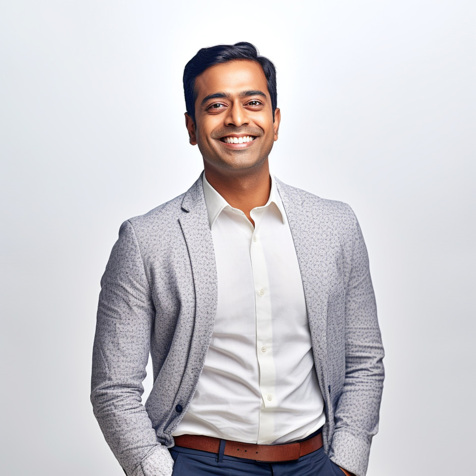 Friendly smiling handsome indian man banking and finance marketing manager at work on blured background