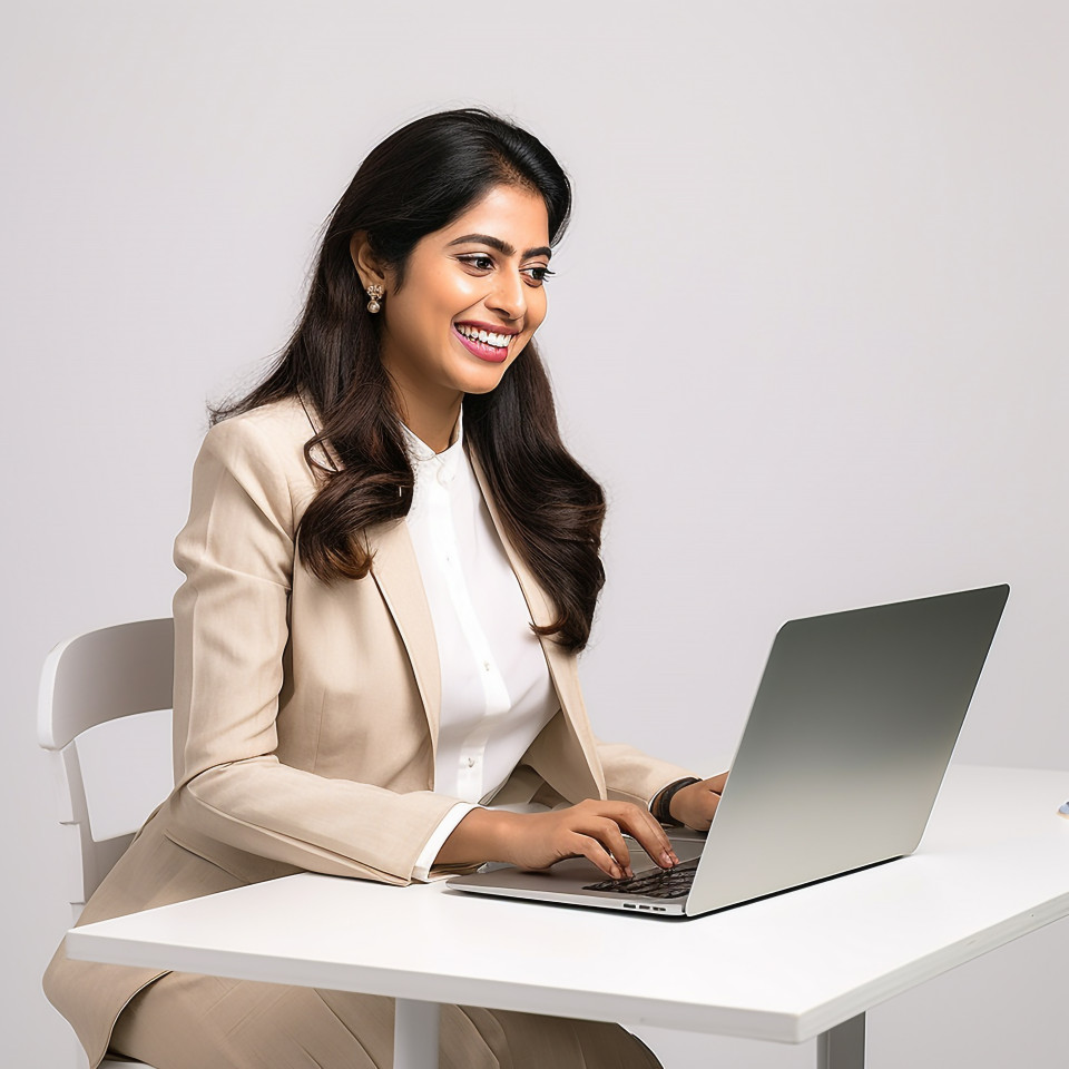 Friendly smiling beautiful indian woman banking and finance client relationship manager at work on blured background