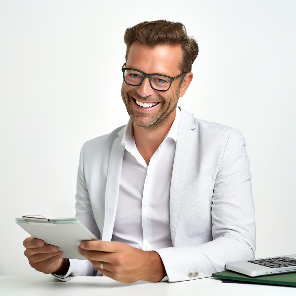 Friendly smiling handsome man banking and finance financial controller at work on blured background